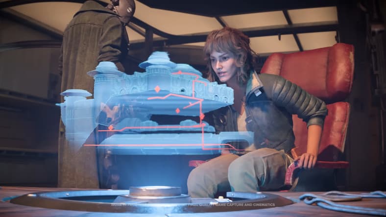 Kay Vess (Humberly González) overlooks her next job location layout in Star Wars Outlaws (2024)