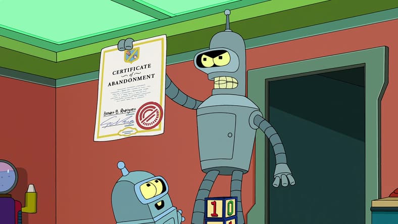 Bender abandons his son in Futurama Season 7 Episode 1 "The Bots and the Bees" (2012), Comedy