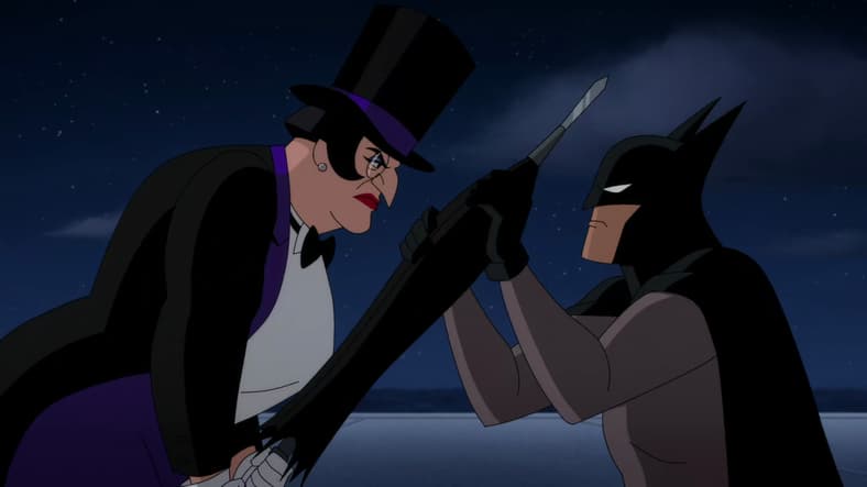 Penguin (Minnie Driver) slashes at Batman (Hamish Linklater) in Batman: Caped Crusader (2024)