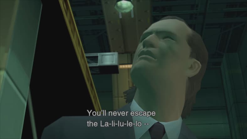 Richard Ames (Peter Renaday) refuses to give in to Revolver Ocelot's (Patric Zimmerman) demands in Metal Gear Solid 2: Sons of Liberty (2002), Konami