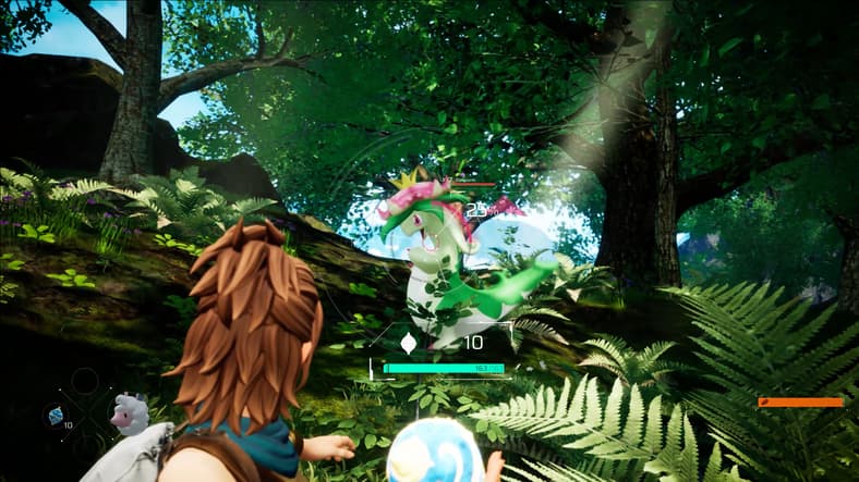 The player takes aim at Dinossum with a Pal Sphere in Palworld (2024), Pocketpair