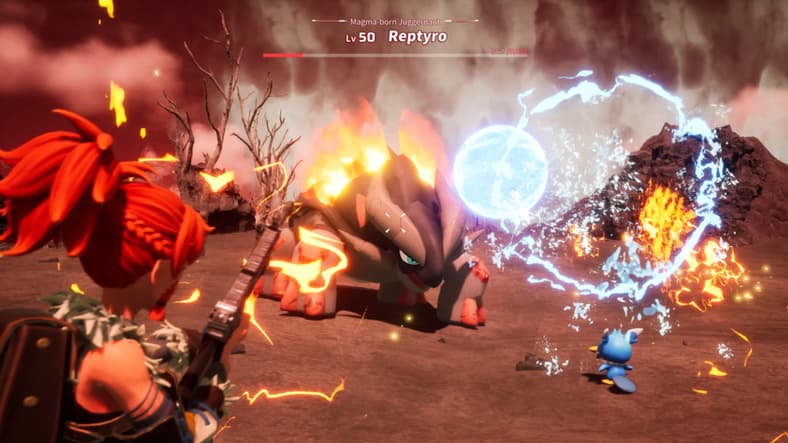 The player fights alongside Fuack against a Reptyro in Palworld (2024), Pocketpair