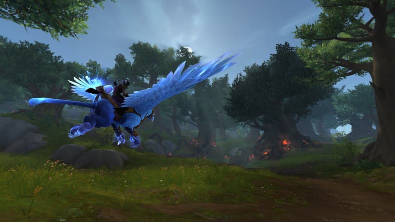Player soars through forest on Algarian Stormrider in World of Warcraft: The War Within (2024)