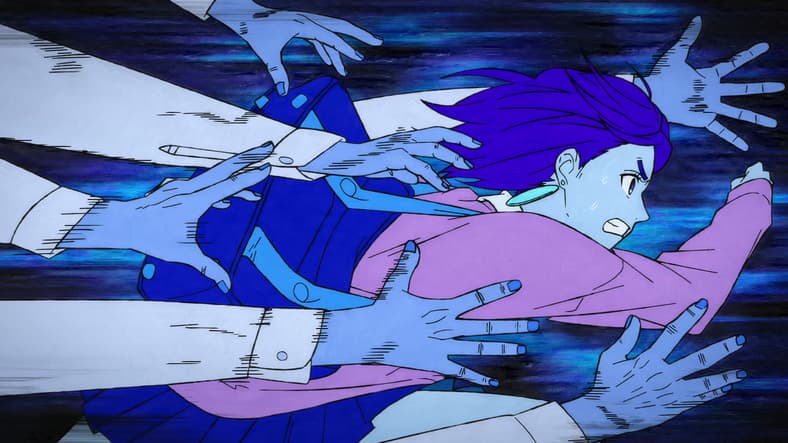 Momo Ayase runs from the Seropians in Dandadan S1E1 "That's How Love Starts, Ya Know!" (2024)