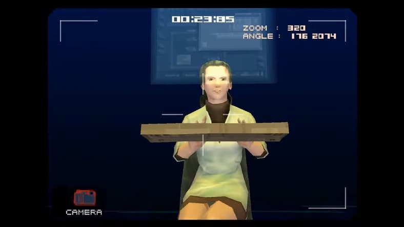 Solid Snake is tasked with photographing Naomi Campbell in Metal Gear Solid: VR Missions (1999)