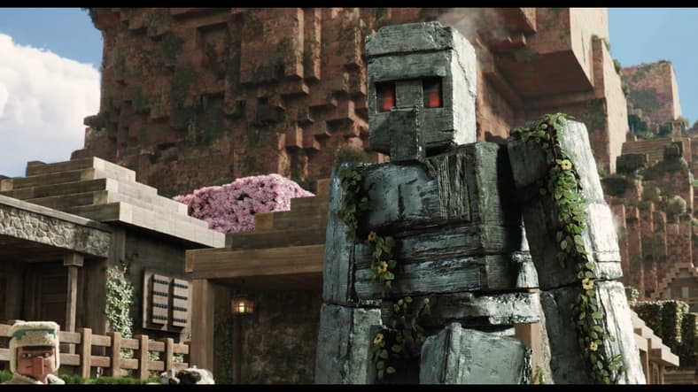 An Iron Golem roars to life in Minecraft (2025), Warner Bros. Pictures