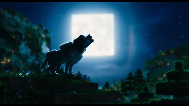 A wolf rings in the night time in A Minecraft Movie (2025), Warner Bros. Pictures