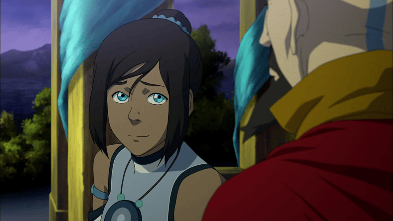 Korra (Janet Varney) seeks advice from Tenzin (J.K. Simmons) in The Legend of Korra Season 4