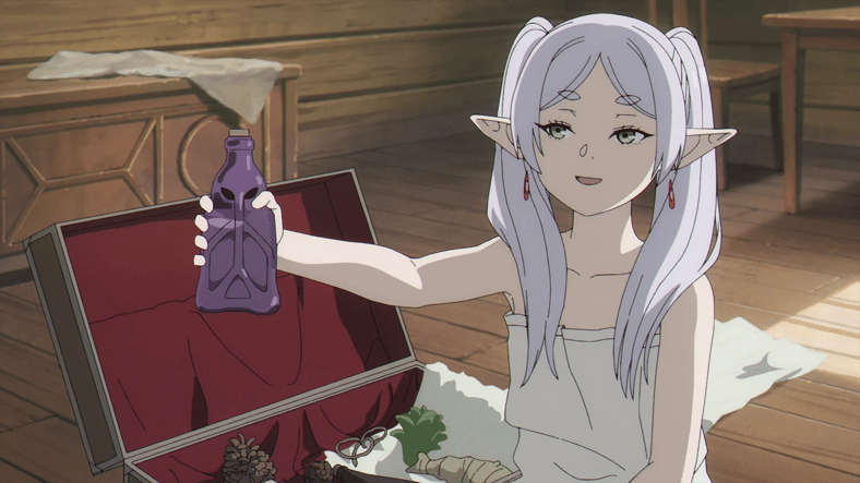 Frieren (Atsumi Tanezaki) shows Fern (Kana Ichinose) the clothes dissolving potion she intends to gift stark (Chiaki Kobayashi) in Frieren: Beyond Journey's End Episode 12 "A Real Hero" (2024), Madhouse