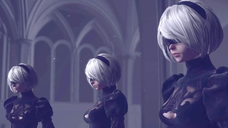 A trio of 2B (Yui Ishikawa) clones confront 9S (Natsuki Hanae) in NieR: Automata (201), PlatinumGames