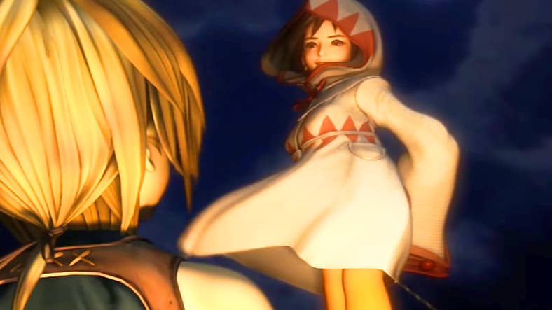 Zidane attempts to talk Garnett down from a ledge in Final Fantasy IX (2000), Square Enix