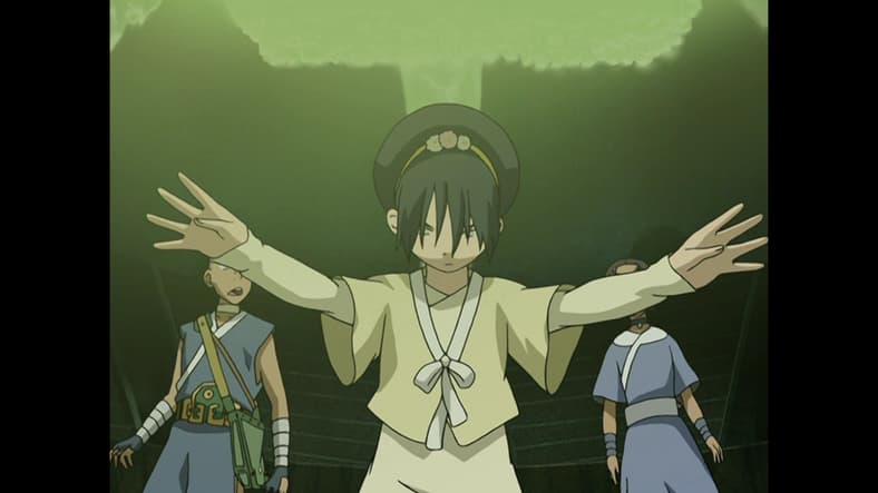Toph (Michaela Jill Murphy) prepares to reveal the true extent of her earthbending capabilities in Avatar: The Last Airbender Book 2 Episode 6 "The Blind Bandit" (2005), Nickelodeon
