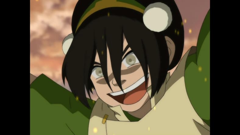 Toph (Michaela Jill Murphy) takes pleasure in raining lava rocks down on Aang (Zach Tyler Eissen) as part of his training in Avatar: The Last Airbender Book 3 Episode 18 "Sozin's Comet, Part 1: The Phoenix King" (2005), Nickelodeon