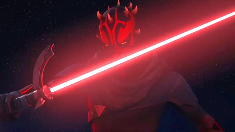 Darth Maul (Sam Witmer) draws his ligthsaber against Ahsoka Tano (Ashley Eckstein) in Star Wars: The Clone Wars Season 7 Episode 10 "The Phantom Apprentice" (2020), Disney