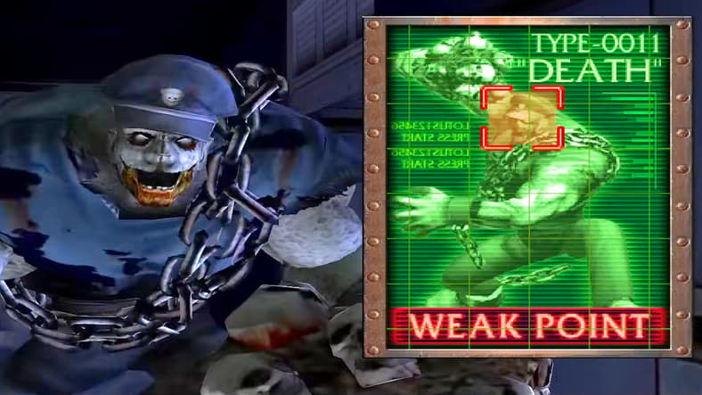 The Death mutant attacks Agent G (Casey Robertson) and Lisa Rogan in The House of the Dead III (2002), SEGA