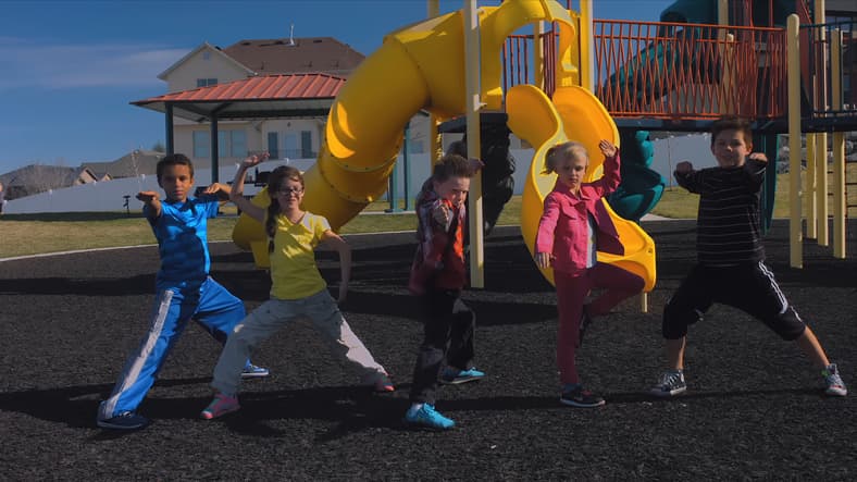Alo Ramirez, Asia George, Ashton Myler, Payton Myler, and Andreik Tapia tap into the Morphin' Grid in  The Power Rangers Ninja Kidz Movie (2022), The Ninja Kidz