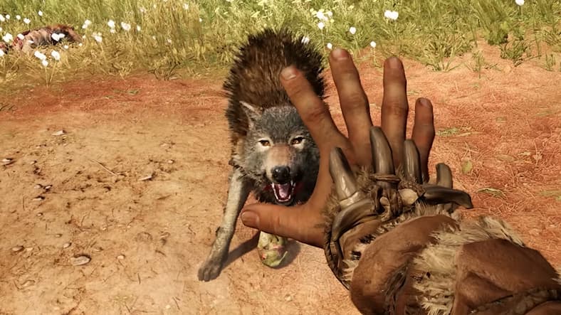 Takkar (Elias Toufexis) attempts to tame a wolf in Far Cry Primal (2016), Ubisoft