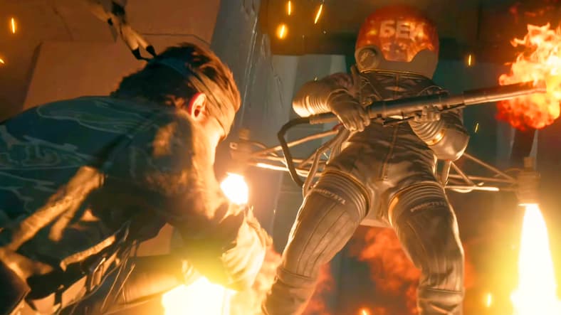 Naked Snake (Akio Ōtsuka) meets The Fury's (Masato Hirano) flames in Metal Gear Solid Δ: Snake Eater (2025), Konami