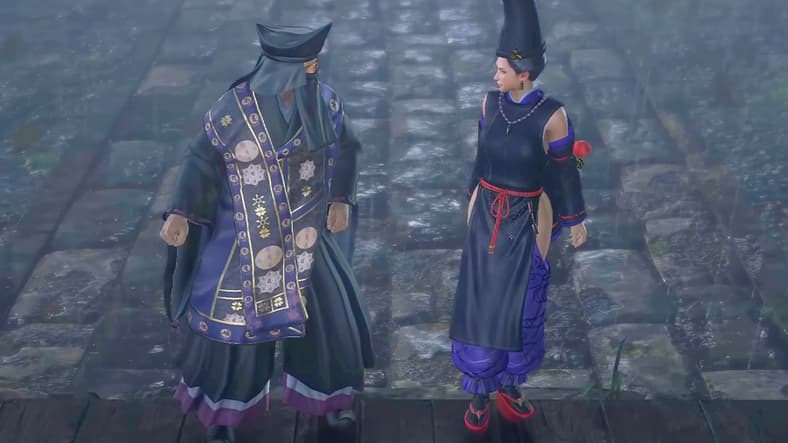 Master Tenkai (Takauyuki Sugo) and Fuku (Risa Shimizu) ready their Omnyo magic in Nioh (2017), Team Ninja