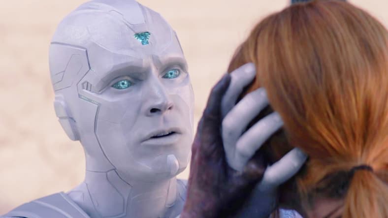 The physical Vision (Paul Bettany) carries out its S.W.O.R.D.-given mission to eliminate the Scarlet Witch (Elizabeth Olsen) in WandaVision Season 1 Episode 9 "The Series Finale" (2021), Marvel Entertainment