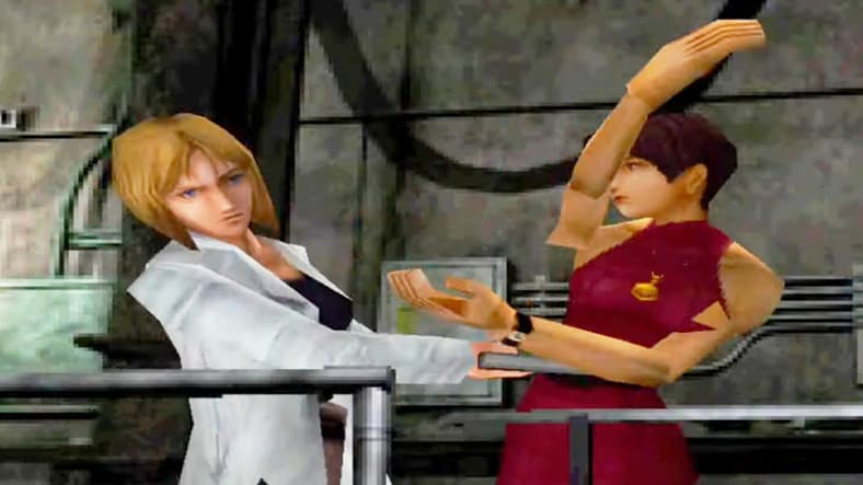 Ada Wong (Sally Cahill) fights off Annette Birkin (Jennifer Dale) in Resident Evil 2 (1998), Capcom