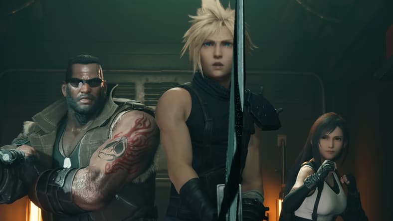 Barrett (Masato Funak), Cloud (Takahiro Sakurai), and Tifa (Ayumi Ito) ready themselves to brawl with Shinra in Final Fantasy VII Remake Intergrade (2025), Nintendo Switch 2