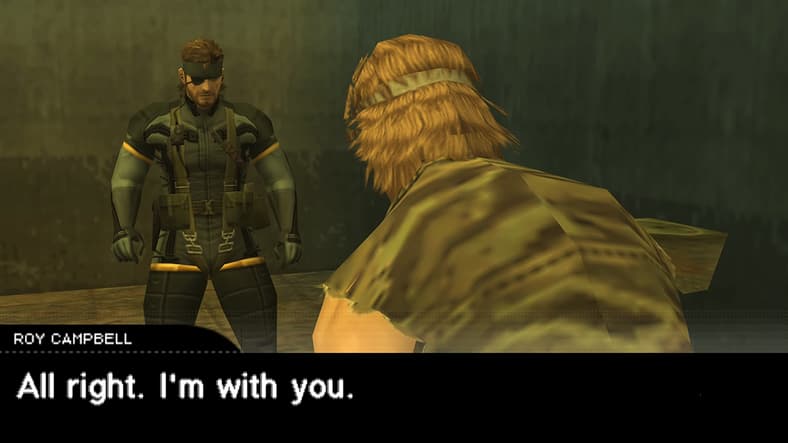Big Boss (Akio Ōtsuka) comes to the rescue of Roy Campbell (Toshio Furukawa) in Metal Gear Solid: Portable Ops (2006), Konami