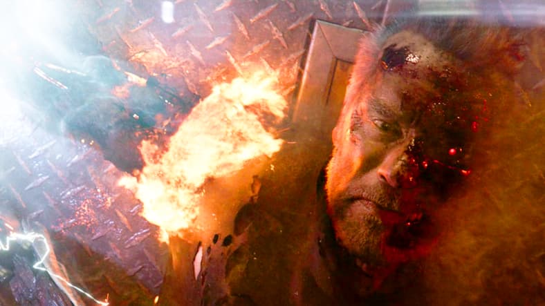 'Carl' (Arnold Schwarzenegger) sacrifices himself to defeat the Rev-9 (Gabriel Luna) in Terminator: Dark Fate (2019), Skydance Media