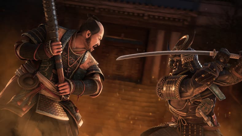 Yasuke (Tongayi Chirisa) fights with Imagawa Tomeji (TBA) amid flames in Assassin's Creed Shadows (2025), Ubisoft