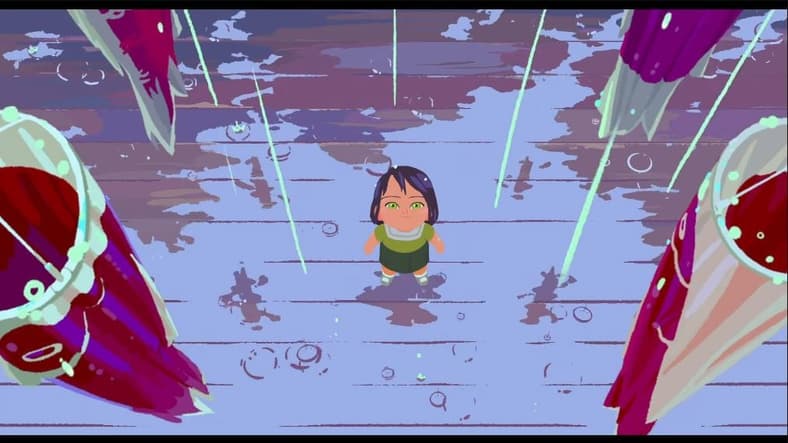 Amelia(voiced by Lily Gilliam) looks up while standing in the rain in Little Amélie or the Character of Rain (2025), Ikki Films/Maybe Movies