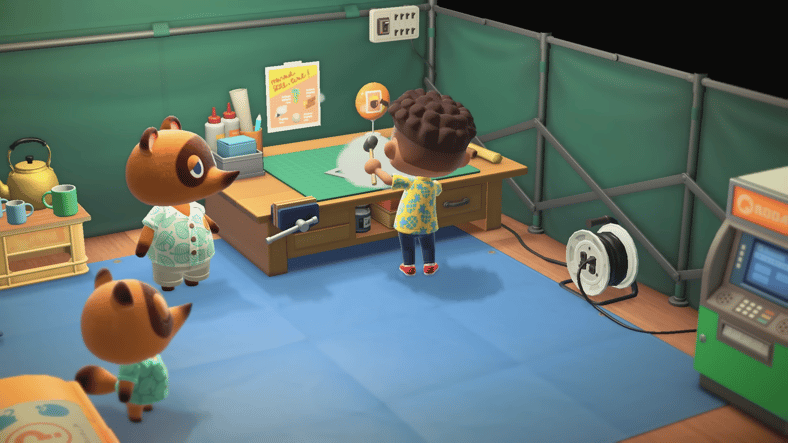 The player crafts something in Tom Nook's tent in Animal Crossing: New Horizons (2020), Nintendo