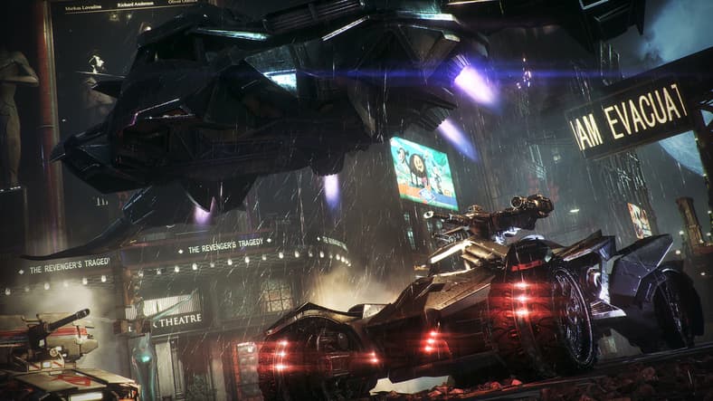 The Batwing and Batmobile ready to take on Gotham's streets in Batman: Arkham Knight (2015), Warner Bros. Interactive Entertainment