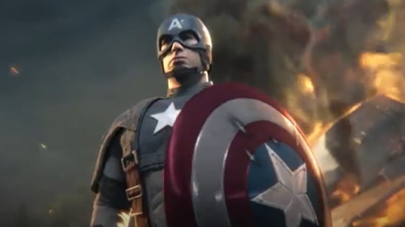 Captain America (Chris Evans) holding his shield during a battle in Captain America: Super Soldier, 2011, Sega/Marvel Entertainment