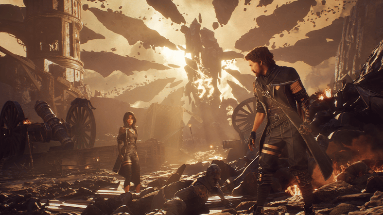 Gustave (Maxence Cazorla) and Lune (Estelle Darnault) stand before the monolith in Clair Obscur: Expedition 33 (2025), Kepler Interactive