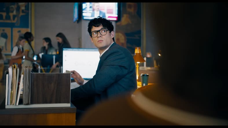 Clark Kent (David Corenswet) snaps to attention at the call of Perry White (Wendell Pierce) in Superman (2025), DC Studios