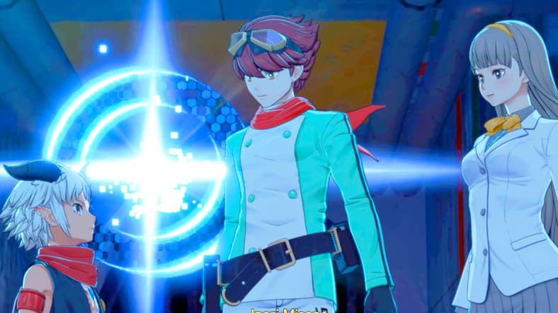 Aegiomon (Mutsumi Tamura), Dan Yuki (Hiro Shimono, and Inori Misono (Kana Ichinose) have a bonding moment in Digimon Story: Time Stranger (2025), Bandai Namco
