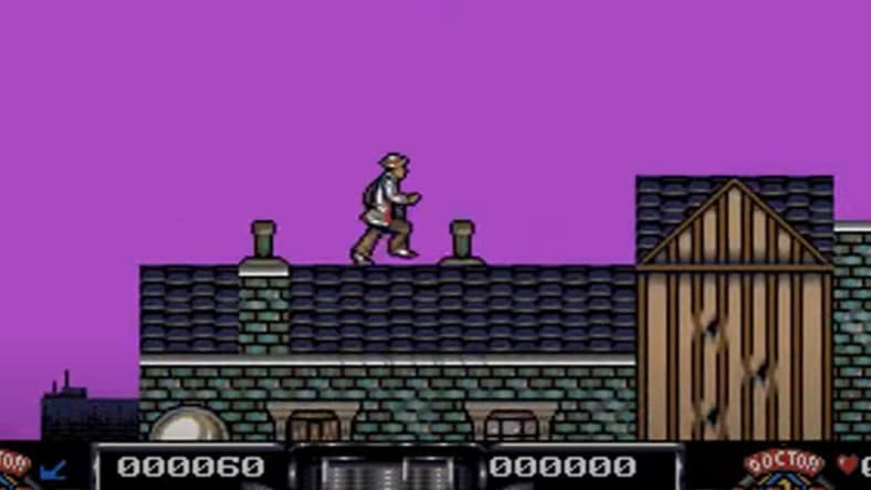 Doctor Who jumping over a roof in Dalek Attack, 1992, Alternative Software LTD