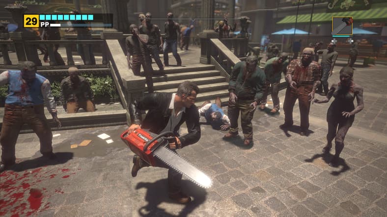 Frank West (Jes Patrick) armed with a chainsaw in Dead Rising Deluxe Remaster (2024), Capcom