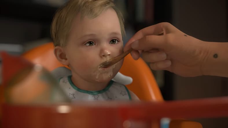 Sam (Norman Reedus) feeds Lou (N/A) some breakfast in Death Stranding 2: On the Beach (2025), Kojima Productions