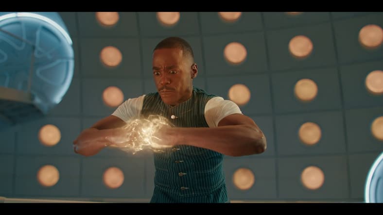 The Doctor (Ncuti Gatwa) prepares to give time itself a shock to the system in Doctor Who Series 15 Episode 8 "The Reality War" (2025), BBC