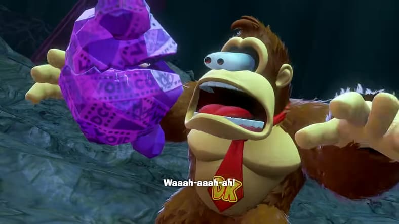 Donkey Kong (Takashi Nagasako) and Odd Rock (TBA) scream at one another in Donkey Kong Banaza (2025), Nintendo