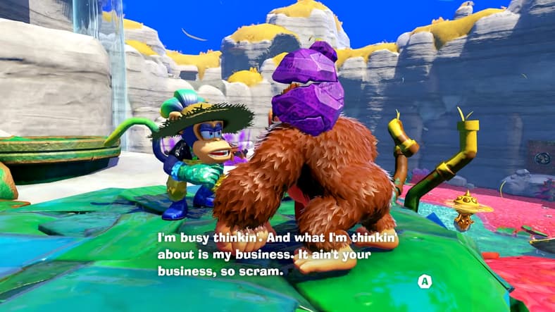 An unfriendly chimp doesn't tell much to Donkey Kong (Takashi Nagasako) in Donkey Kong Bananza (2025), Nintendo