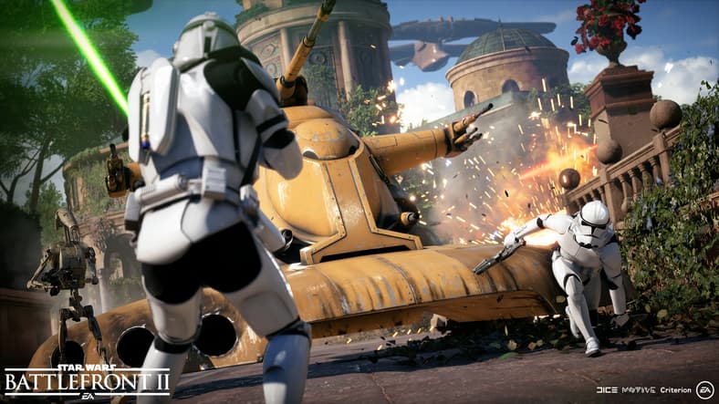 Clone Troopers flee from an AAT Battle Tank in Star Wars Battlefront II (2017), Electronic Arts