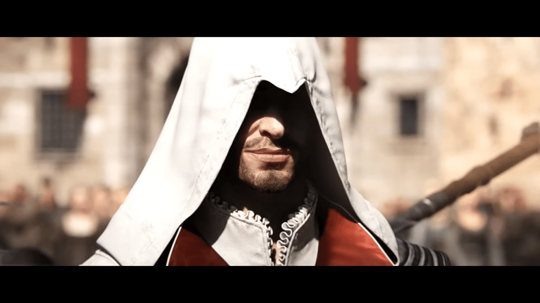 Ezio Auditore (Roger Craig Smith) makes Cesare Borgia (Andreas Apergis) know that he is not alone in Assassin's Creed: Brotherhood (2010), Ubisoft