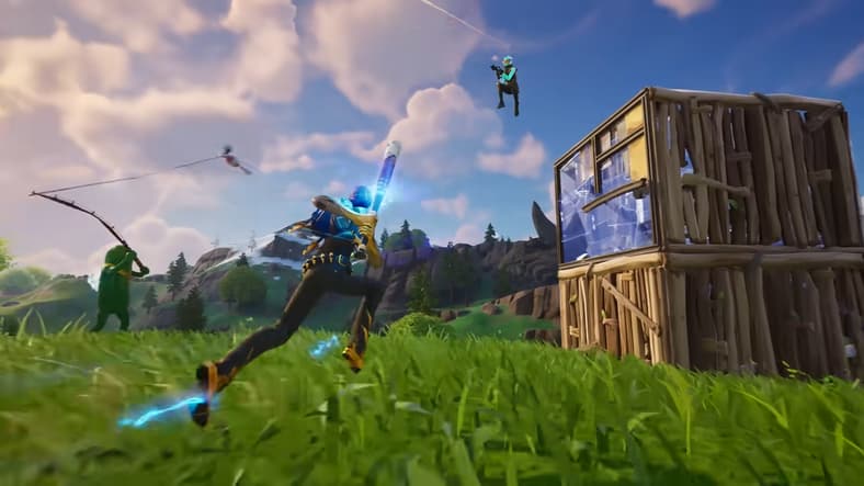 A player sprints towards another, ready to hit them with a baseball bat in Fortnite (2017), Epic Games