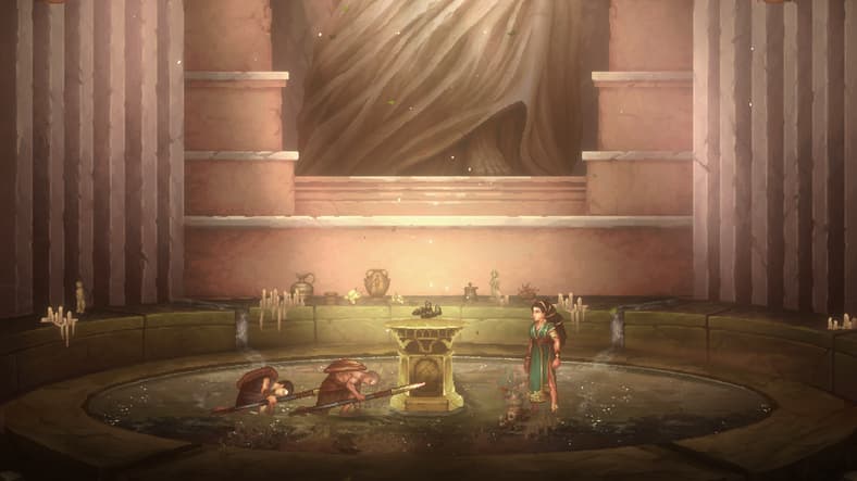 Kratos (Antony Del Rio) and Deimos (Scott Menville) bow before Eleonora (Amelia Rose Blaire) in Nike's Temple in God of War Sons of Sparta (2026), Sony Interactive Entertainment