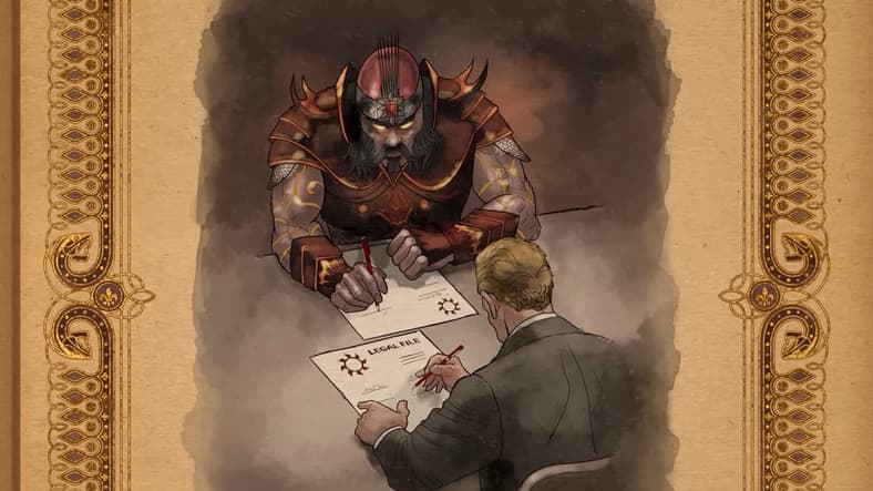 Vlad the Impaler (Liam O'Brien) signs a contract from Dane Vogel (Jay Mohr) in Saints Row: Gat Out of Hell (2015), Deep Silver
