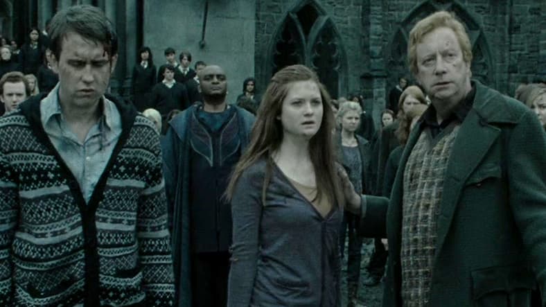 Ginny (Bonnie Wright) stands united with Dumbledore's Army in Harry Potter and the Deathly Hallows - Part 2 (2011), Warner Bros. Pictures