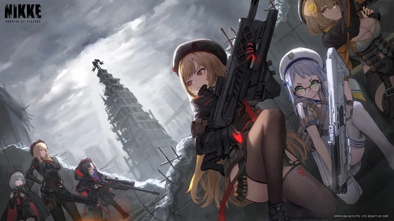 Rapi (Kim Bo-na), Neon (Jang Mi), and Anis (Kim Seong-hui) get the drop on the Absolute Squad in Goddess of Victory: Nikke (2022), Shift Up 
