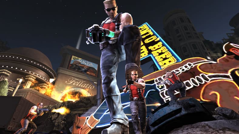 Multiple Duke Nukems (Jon St. John) of varying sizes battle in Duke Nukem Forever (2011), 2K